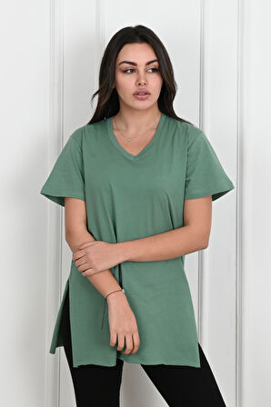 Kadın V yaka Yırtmaçlı  T-Shirt 8783-22