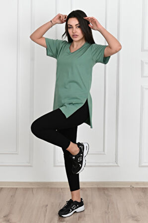 Kadın V yaka Yırtmaçlı  T-Shirt 8783-22
