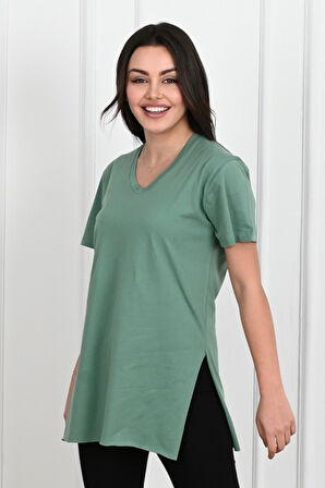 Kadın V yaka Yırtmaçlı  T-Shirt 8783-22