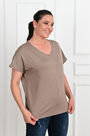 Kadın V Yaka Büyük Beden T-shirt 1486-23
