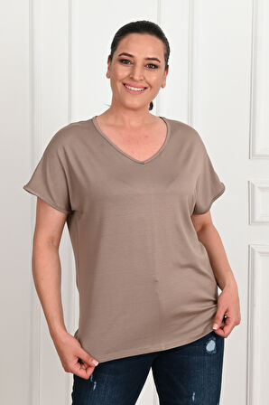 Kadın V Yaka Büyük Beden T-shirt 1486-23