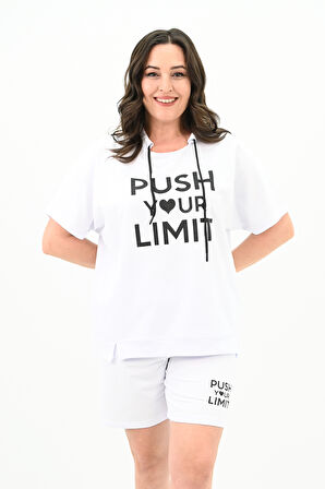 Kadın Yüksek Bel Yazı Baskılı Büyük Beden Şortlu Takım 8006-23