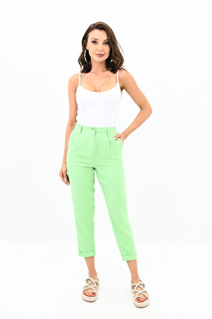 Kadın Yüksek Bel Cep Detaylı Keten Pantolon 6200-23