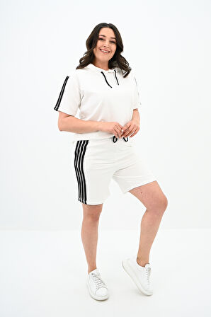 Kadın Çizgi Detaylı Büyük Beden Şortlu Takım 3768-23