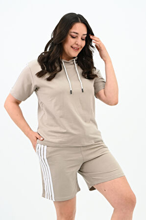 Kadın Çizgi Detaylı Büyük Beden Şortlu Takım 3768-23