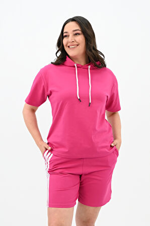 Kadın Çizgi Detaylı Büyük Beden Şortlu Takım 3768-23