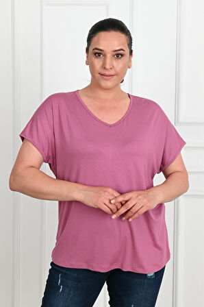 Kadın V Yaka Büyük Beden T-shirt 1486-23