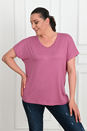Kadın V Yaka Büyük Beden T-shirt 1486-23