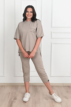 Kadın Yırtık Cep Detaylı Kısa Kollu Büyük Beden Kapri Eşofman Takım 8010-23 Koyu Bej-5XL
