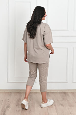 Kadın Yırtık Cep Detaylı Kısa Kollu Büyük Beden Kapri Eşofman Takım 8010-23 Koyu Bej-5XL