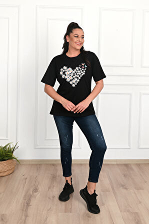 Kadın Büyük Beden Kalp şeklinde Papatya Baskılı T-Shirt 1575-23