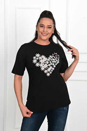 Kadın Büyük Beden Kalp şeklinde Papatya Baskılı T-Shirt 1575-23