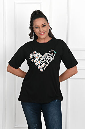 Kadın Büyük Beden Kalp şeklinde Papatya Baskılı T-Shirt 1575-23