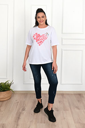Kadın Büyük Beden Kalp şeklinde Papatya Baskılı T-Shirt 1575-23