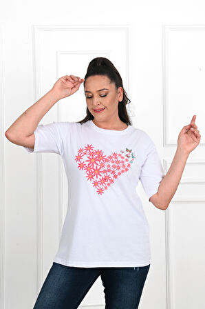 Kadın Büyük Beden Kalp şeklinde Papatya Baskılı T-Shirt 1575-23