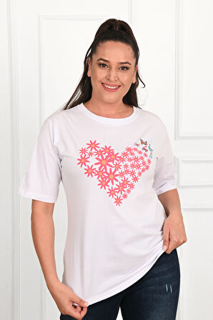 Kadın Büyük Beden Kalp şeklinde Papatya Baskılı T-Shirt 1575-23