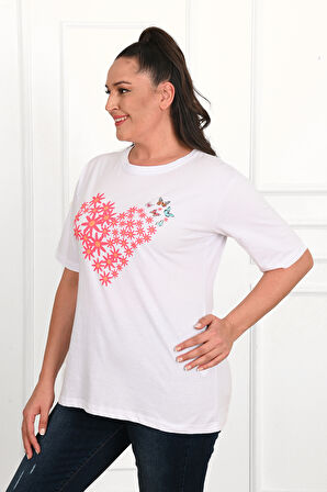 Kadın Büyük Beden Kalp şeklinde Papatya Baskılı T-Shirt 1575-23