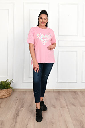Kadın Büyük Beden Kalp şeklinde Papatya Baskılı T-Shirt 1575-23