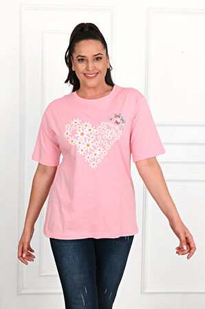 Kadın Büyük Beden Kalp şeklinde Papatya Baskılı T-Shirt 1575-23