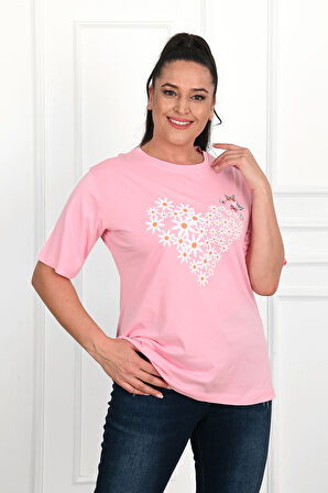 Kadın Büyük Beden Kalp şeklinde Papatya Baskılı T-Shirt 1575-23