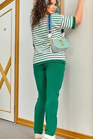 Kadın Büyük Beden Bisiklet Yaka Çizgili Yazı Baskılı Kısa Kol Eşofman Takımı 3803-23