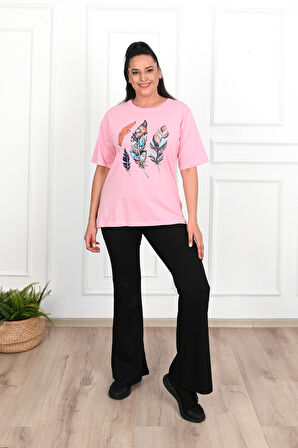 Kadın Büyük Beden Tüy Desen Baskılı T-Shirt 1570-23