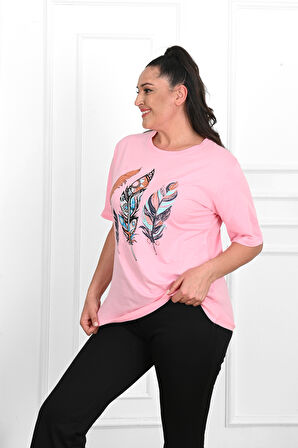Kadın Büyük Beden Tüy Desen Baskılı T-Shirt 1570-23