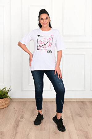 Kadın Büyük Beden Çiçek Baskılı T-Shirt 1572-23