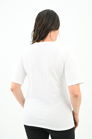 Kadın Büyük Beden Çiçek Tutan El Baskılı T-Shirt 1574-23