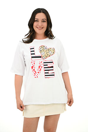 Kadın Büyük Beden Love Baskılı T-Shirt 1577-23