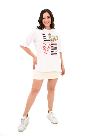 Kadın Büyük Beden Love Baskılı T-Shirt 1577-23