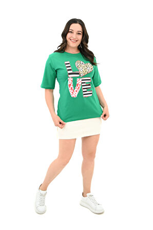 Kadın Büyük Beden Love Baskılı T-Shirt 1577-23