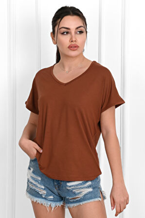 Kadın V Yaka Kısa Kollu T-shirt 1478-23