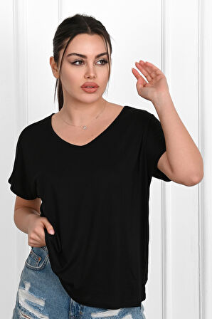 Kadın V Yaka Kısa Kollu T-shirt 1478-23