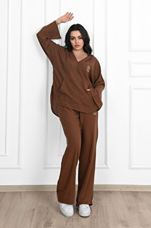 Kadın Yazı Baskılı V Yaka Oversize Eşofman Takımı 3795-23