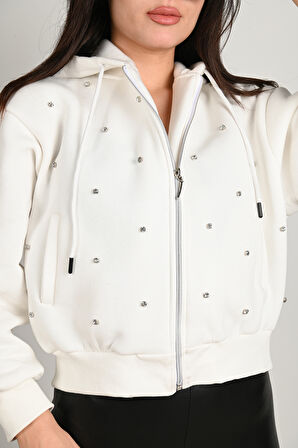Kadın Taş Detaylı Kapüşonlu Fermuarlı Sweatshirt 1639-24