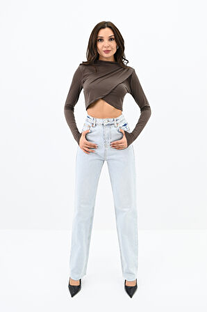 Kadın Dik yaka Drapeli Kapaklı Crop Bluz 1655-24
