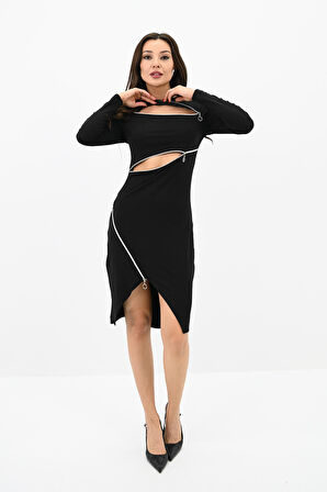 Kadın Fermuar Dekolteli Mini Elbise 5199-24