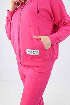 Kadın Büyük Beden Etiket Detaylı Kapüşonlu Eşofman Takımı 8077-24