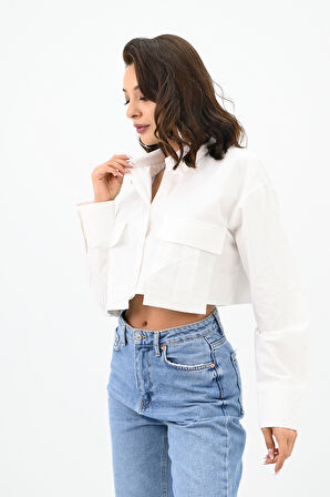 Kadın Crop Cep Detaylı Gömlek 1672-24