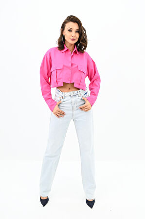 Kadın Crop Cep Detaylı Gömlek 1672-24