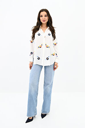 Kadın Nakış İşlemeli Oversize Gömlek 1735-24