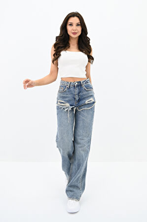 WIDE LEG Kadın Yüksek Bel Yırtık Detay Mavi Jean 4415-25 DPL-851