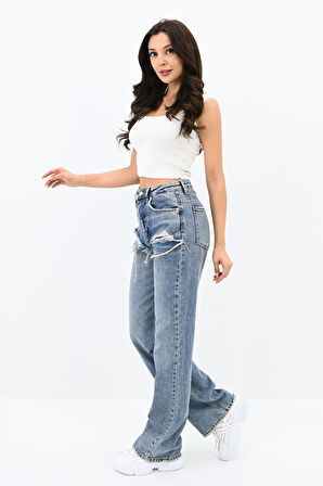 WIDE LEG Kadın Yüksek Bel Yırtık Detay Mavi Jean 4415-25 DPL-851