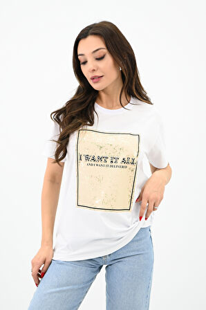 Kadın Gold Taş Baskılı T-shirt 1730-24