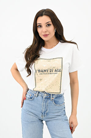 Kadın Gold Taş Baskılı T-shirt 1730-24