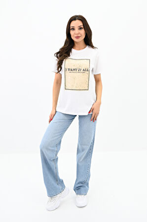 Kadın Gold Taş Baskılı T-shirt 1730-24