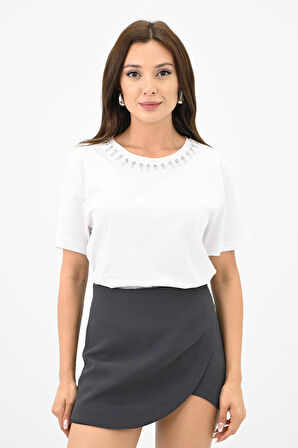 Kadın Bisiklet Yaka Taş Detaylı T-shirt 1749-4-24