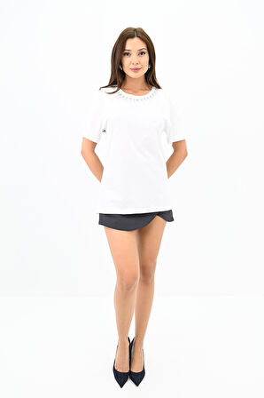 Kadın Bisiklet Yaka Taş Detaylı T-shirt 1749-4-24
