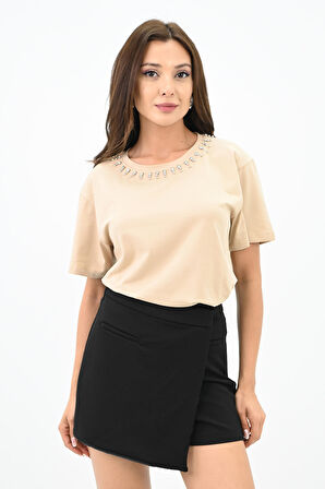 Kadın Bisiklet Yaka Taş Detaylı T-shirt 1749-4-24